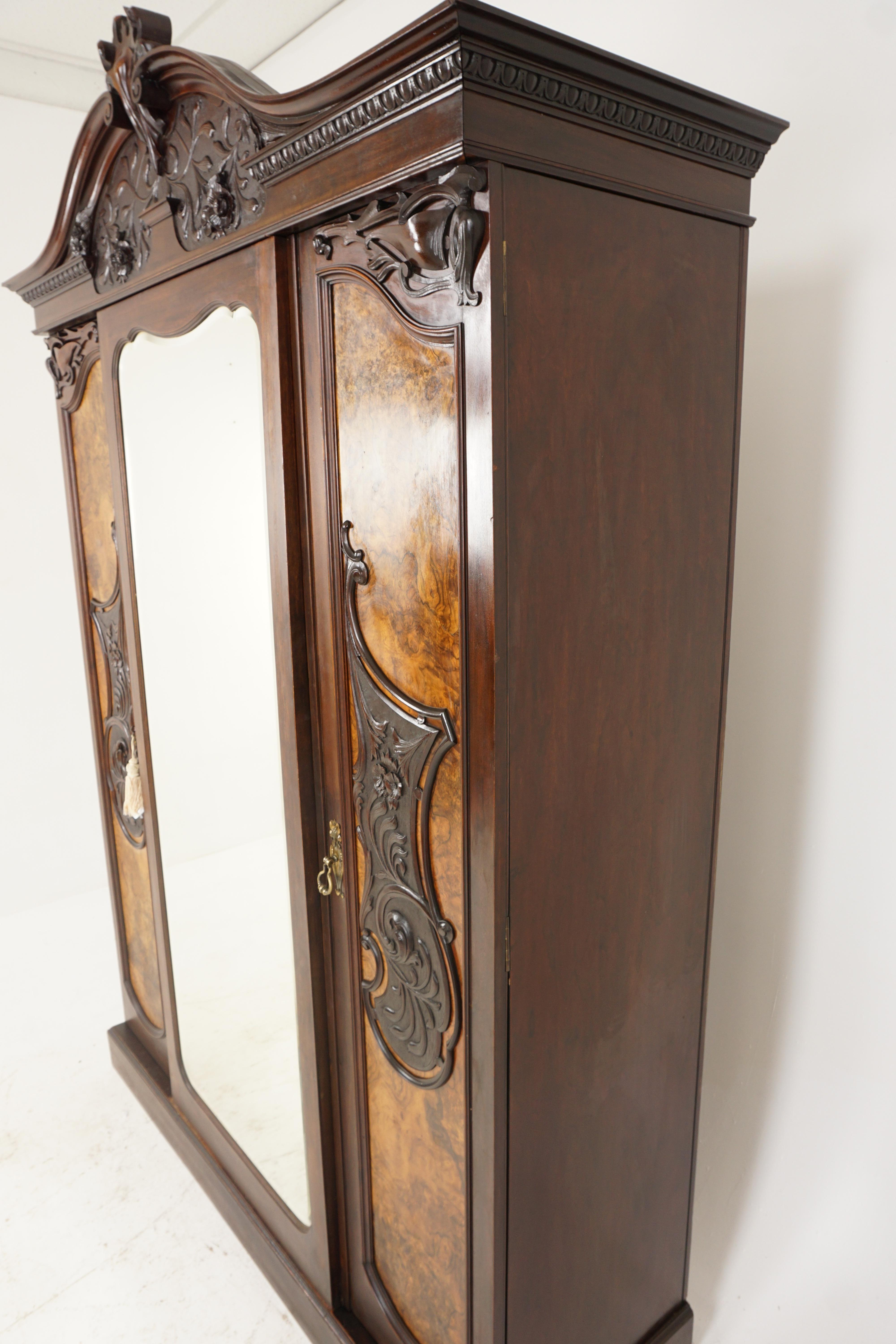 Victorian Carved Burr Walnut Mirror Door Armoire, Wardrobe, Scotland 1880, B2638 5