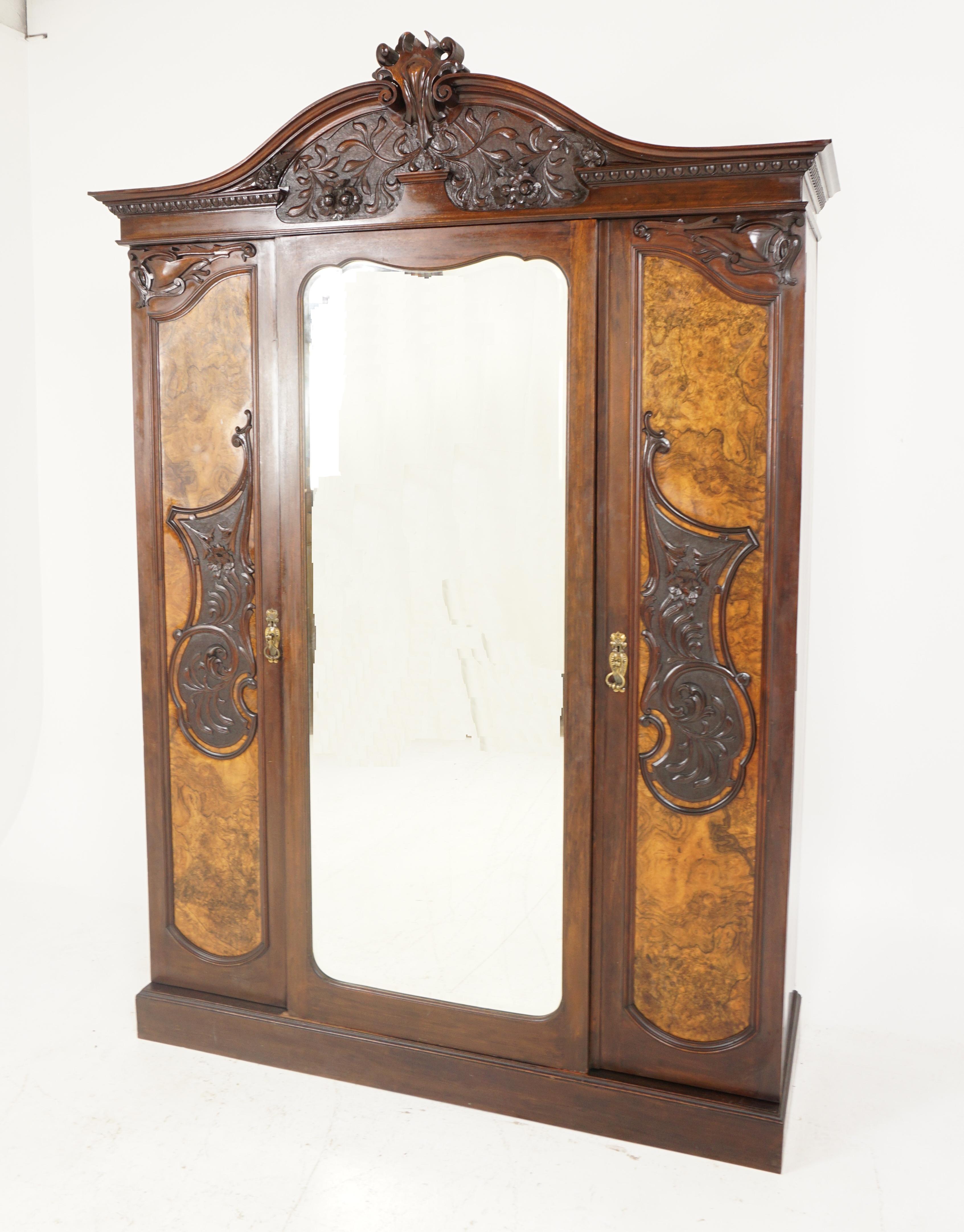 Victorian Carved Burr walnut mirror door armoire, Wardrobe, Scotland 1880, B2638

Scotland 1880
Solid walnut and veneer
Original finish
Beautifully carved top
Single beveled glass door to the front
Flanked by a pair of burr walnut doors with