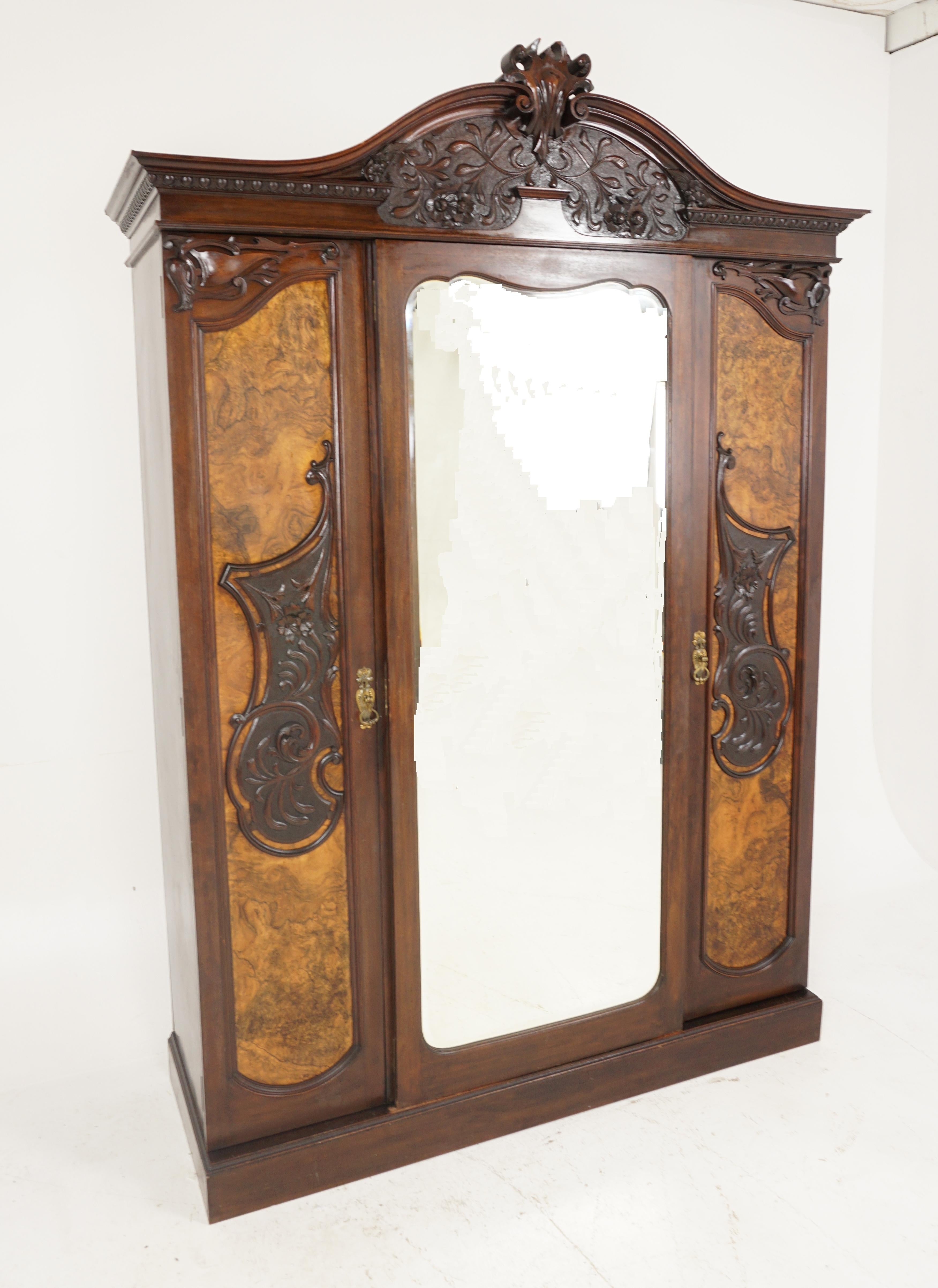 Scottish Victorian Carved Burr Walnut Mirror Door Armoire, Wardrobe, Scotland 1880, B2638