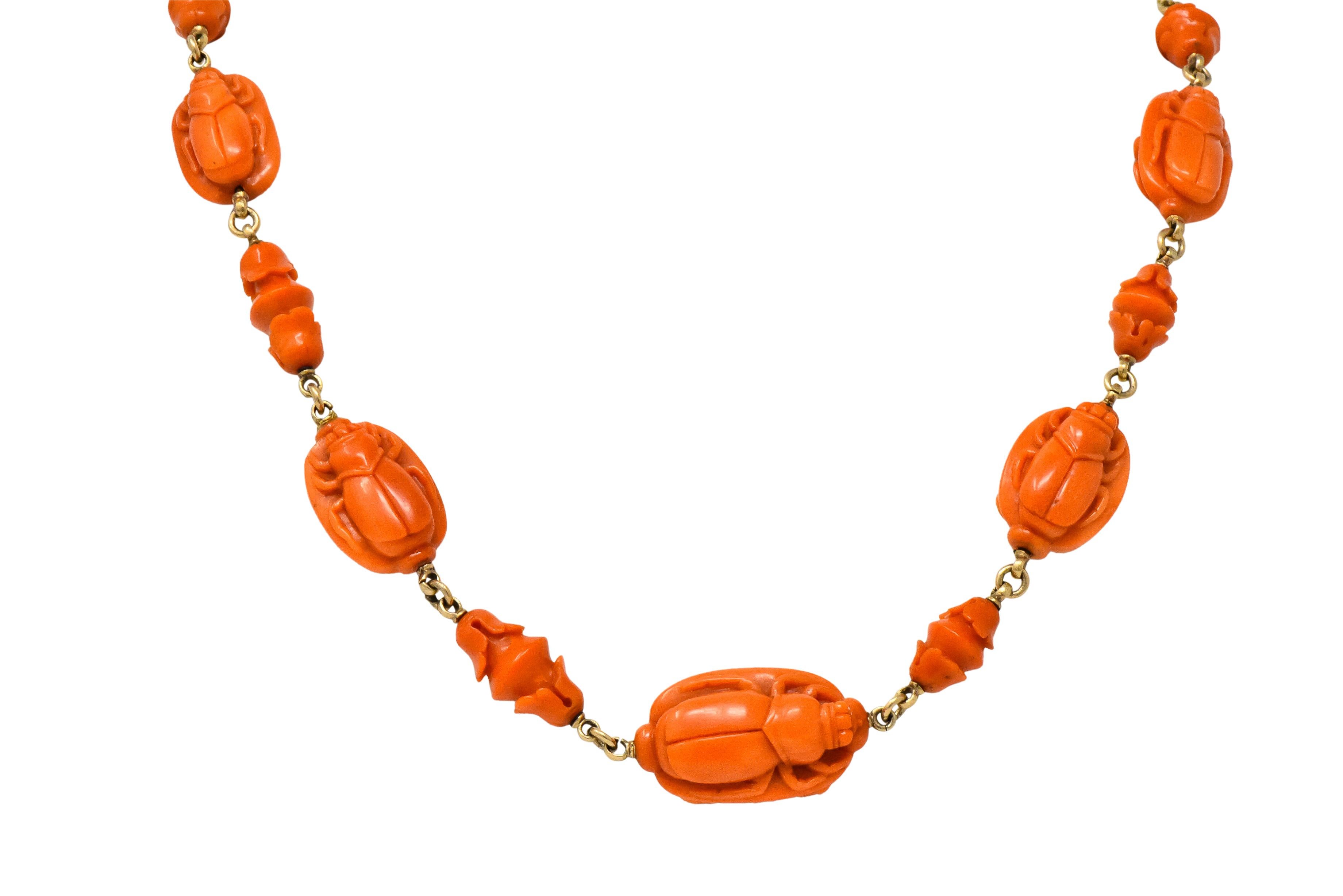 With graduated deeply carved coral beads, one side features a scarab beetle and the other a butterfly, largest bead measuring approximately 1 x 5/8 Inch

Carved coral lotus flower spacer links

Bright orange, highly detailed and very well matched