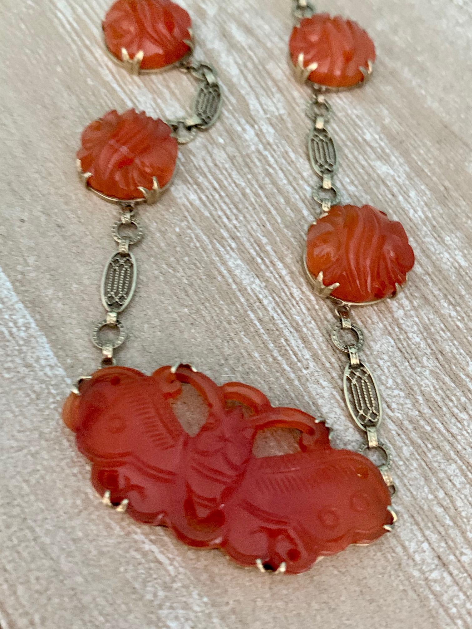 Mixed Cut Victorian Carved Carnelian 14 Karat Yellow Gold Filigree Necklace