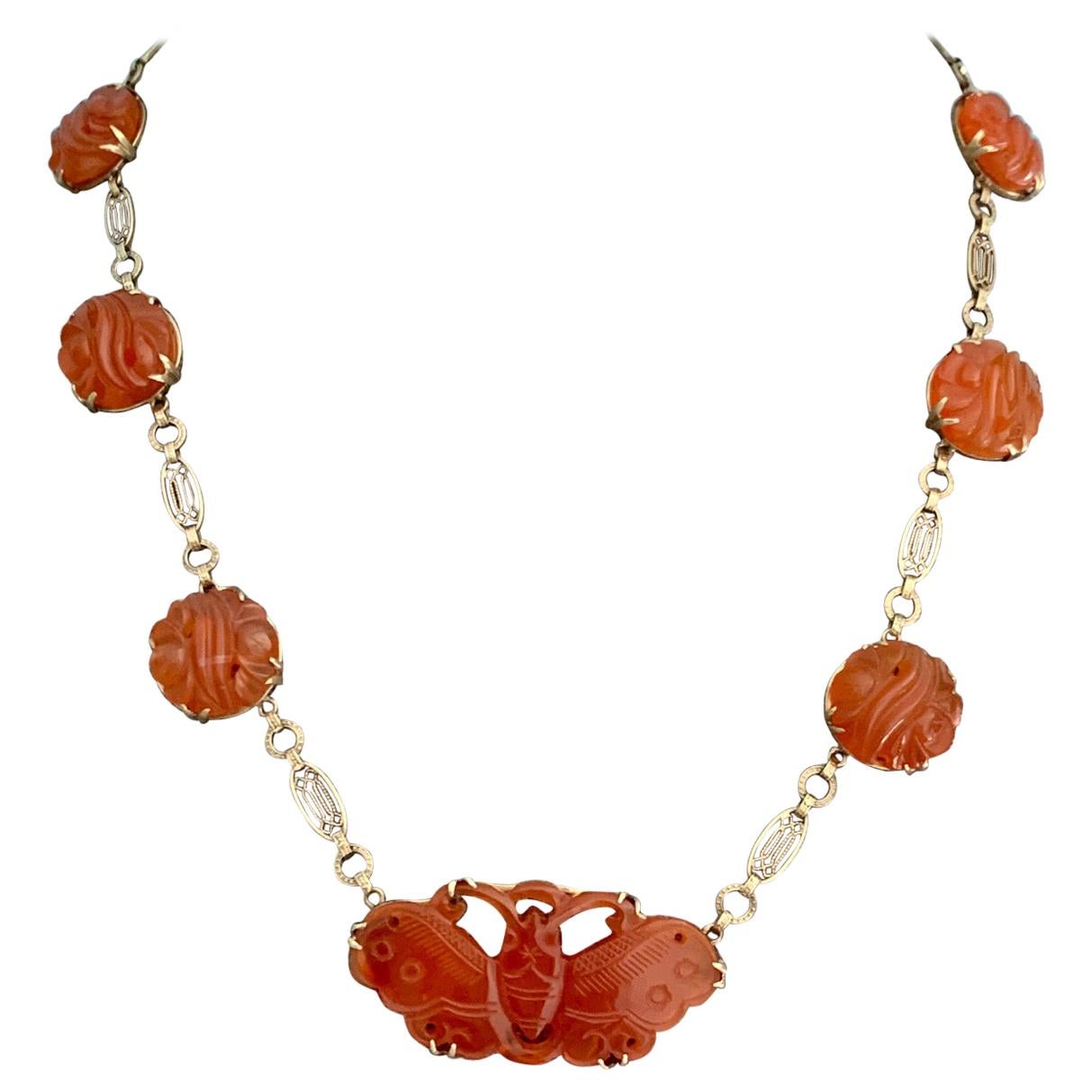 Victorian Carved Carnelian 14 Karat Yellow Gold Filigree Necklace