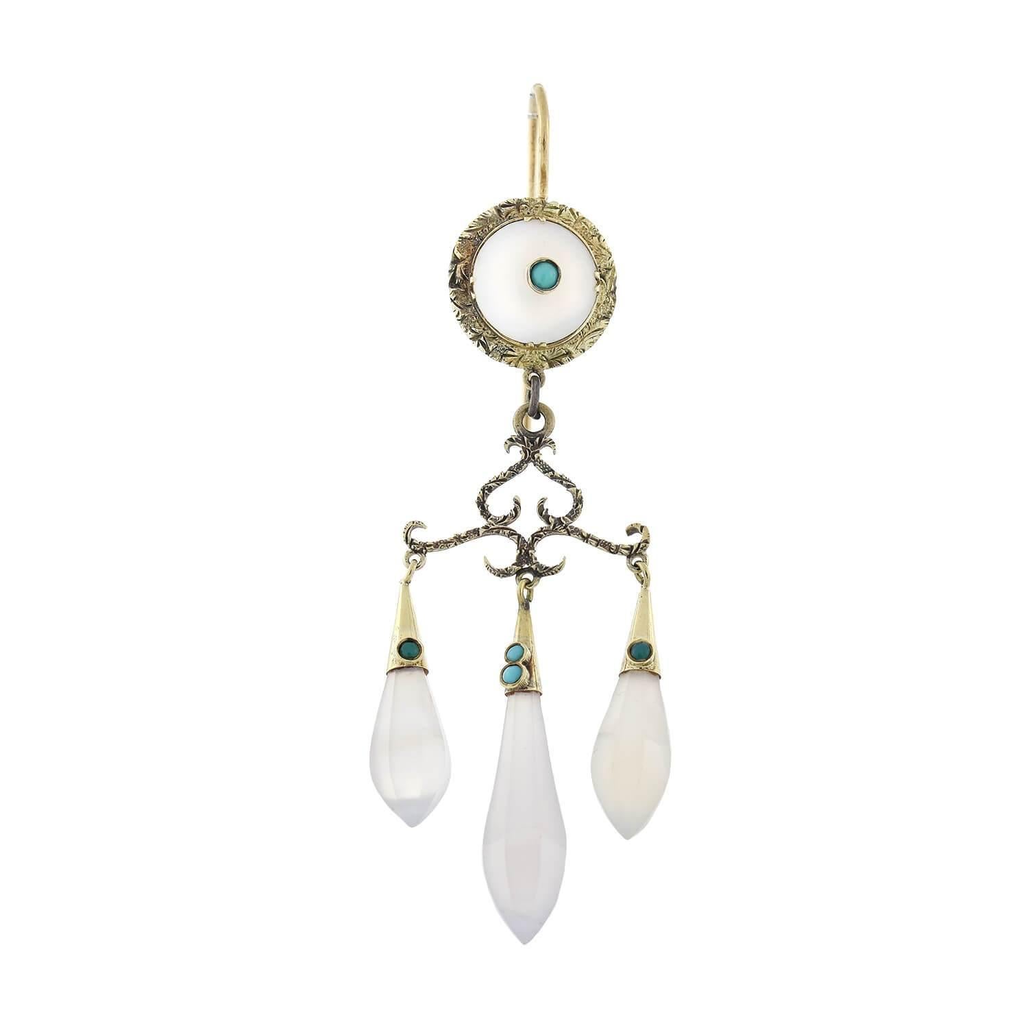 A gorgeous pair of earrings from the Victorian (ca1880s) era! Crafted in 15kt yellow gold, these unusual earrings begin with a lovely turquoise stone riveted through the center of a chalcedony cabochon. The translucent, milky white chalcedony is