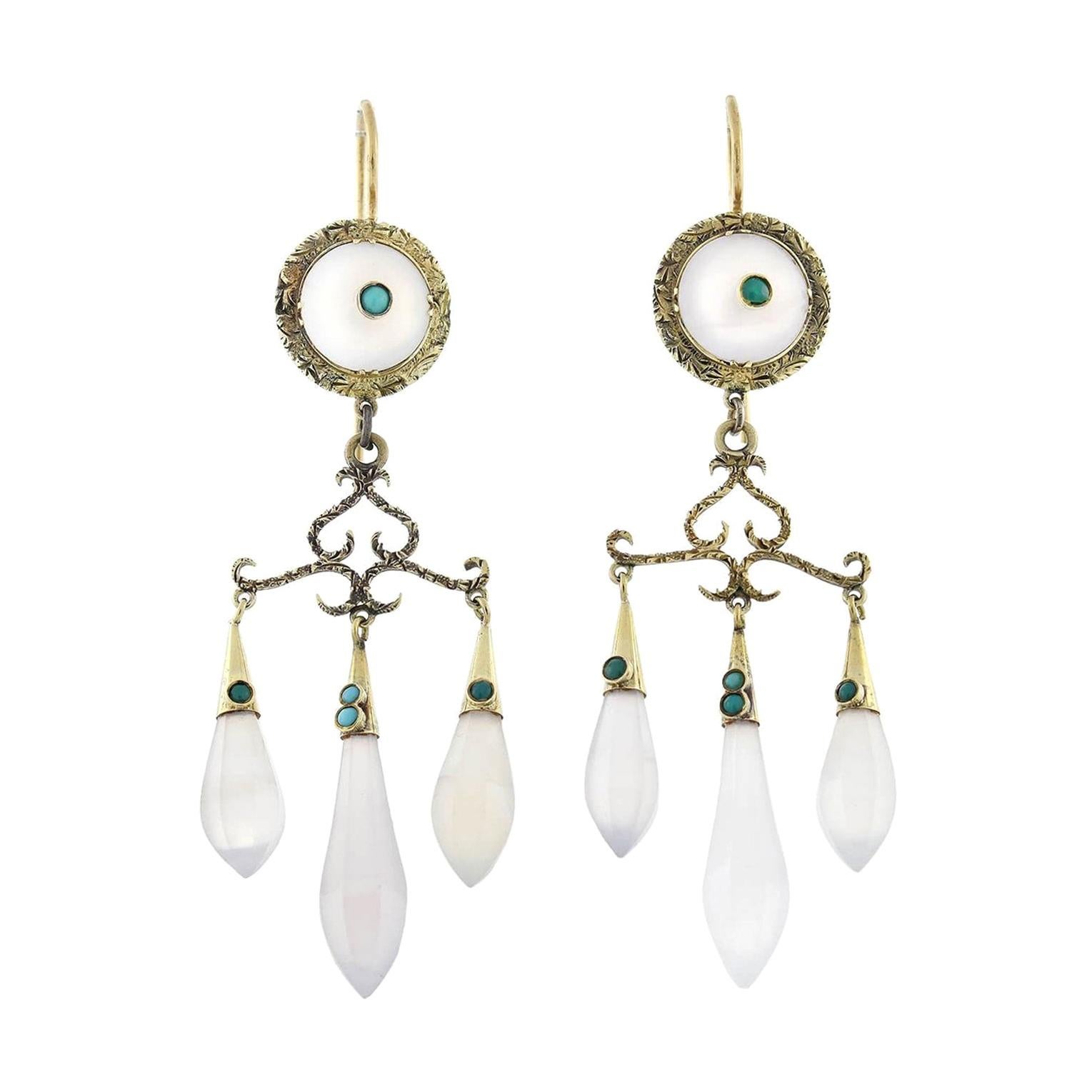 Victorian Carved Chalcedony and Turquoise Chandelier Earrings
