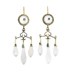 Antique Victorian Carved Chalcedony and Turquoise Chandelier Earrings
