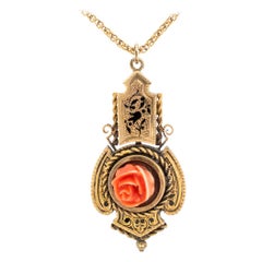 Victorian Carved Coral Black Enamel Gold Pendant