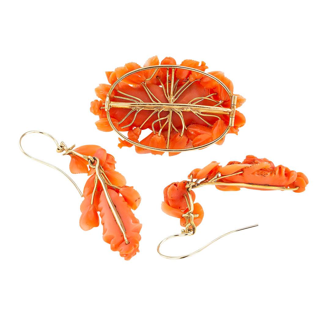 Mixed Cut Victorian Carved Coral Brooch Drop Earrings Set