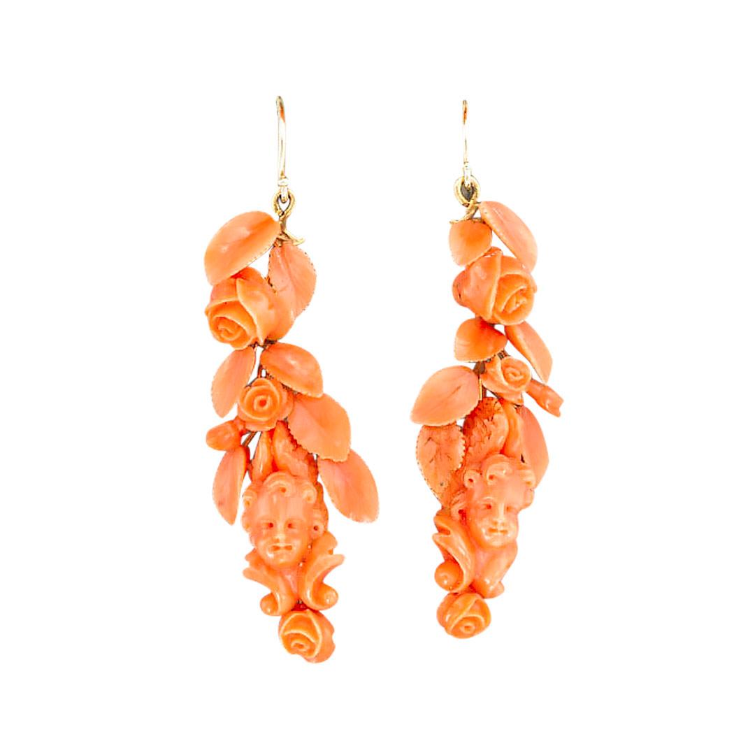 Women's Victorian Carved Coral Brooch Drop Earrings Set For Sale