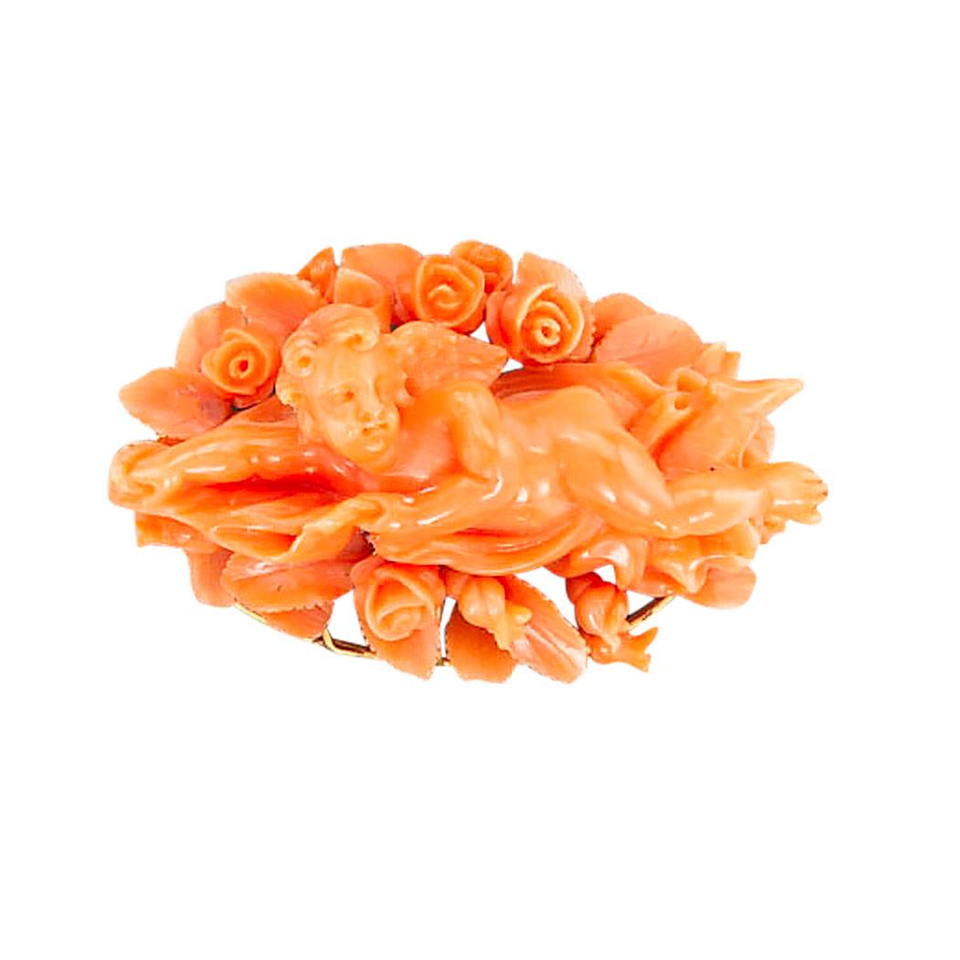 Women's Victorian Carved Coral Brooch Drop Earrings Set For Sale