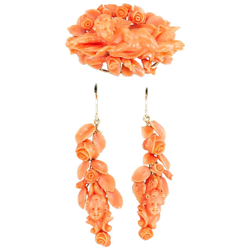 Victorian Carved Coral Brooch Drop Earrings Set For Sale