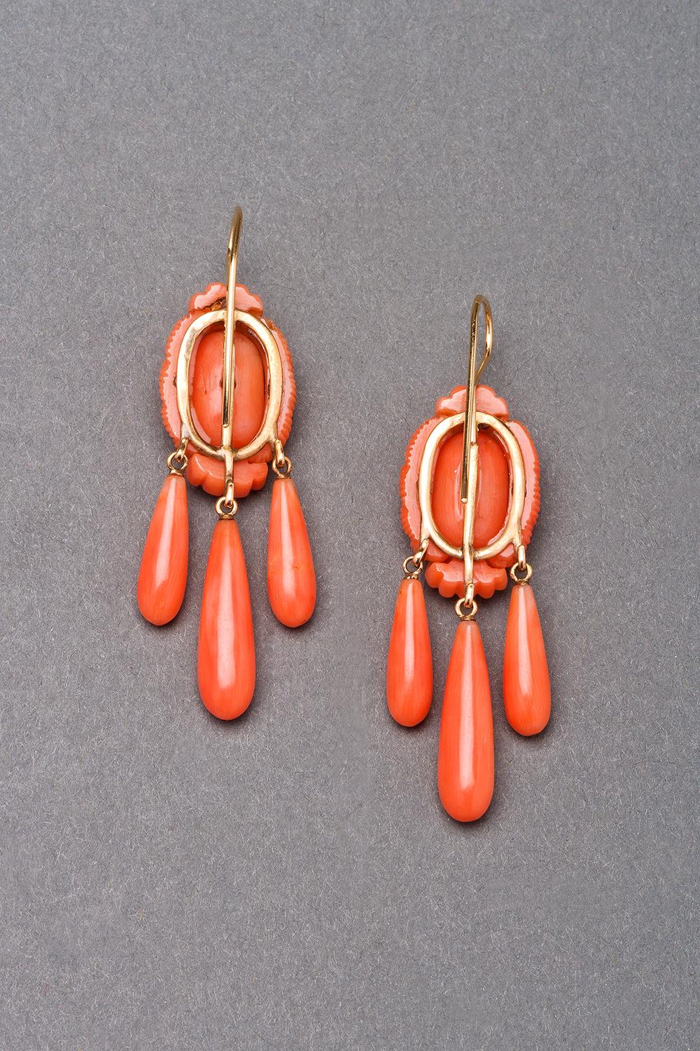 Uncut Victorian Carved Coral Gold Earrings, circa 1870