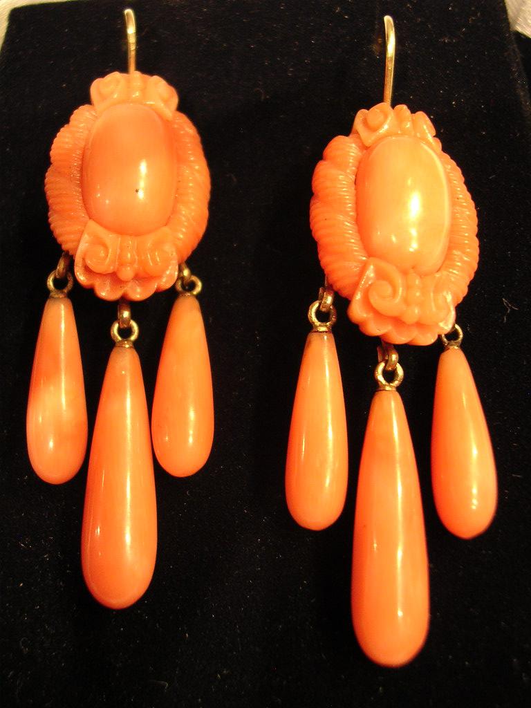Victorian Carved Coral Gold Earrings, circa 1870 1
