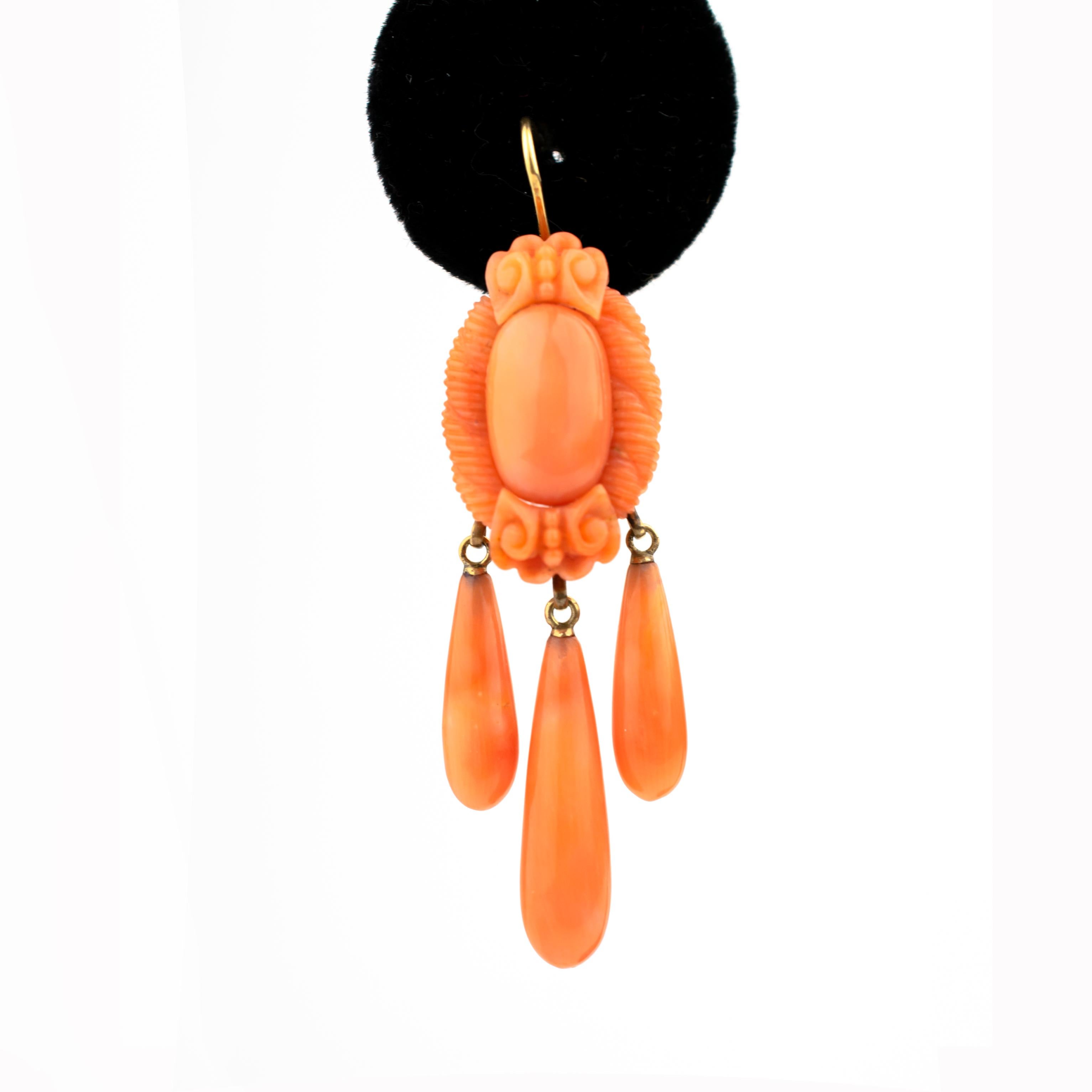 Women's Victorian Carved Coral Gold Earrings, circa 1870