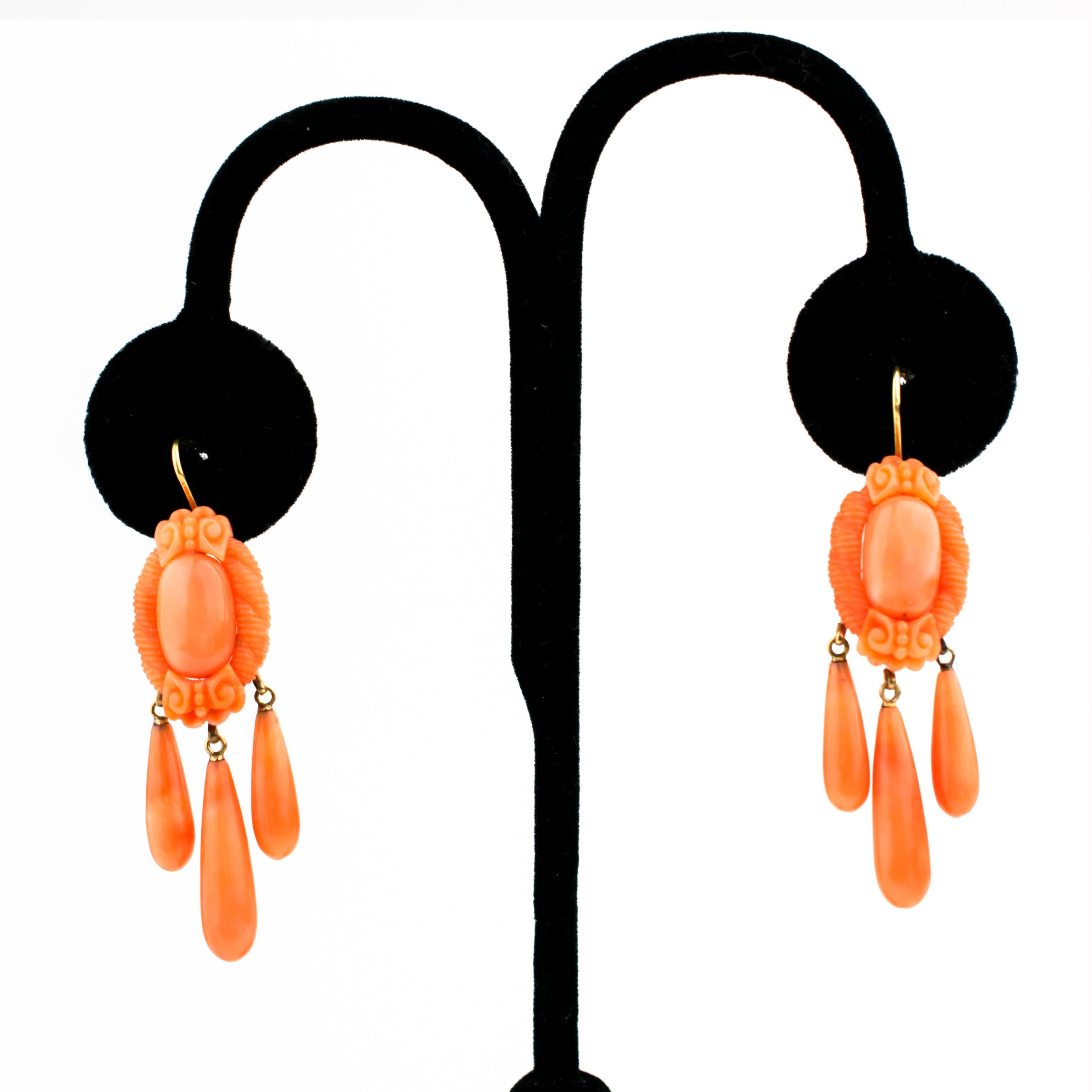 Victorian Carved Coral Gold Earrings, circa 1870 2