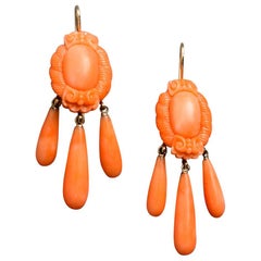 Antique Victorian Carved Coral Gold Earrings, circa 1870