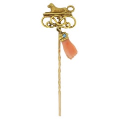 Victorian Carved Coral Hand and Dog Stick Pin