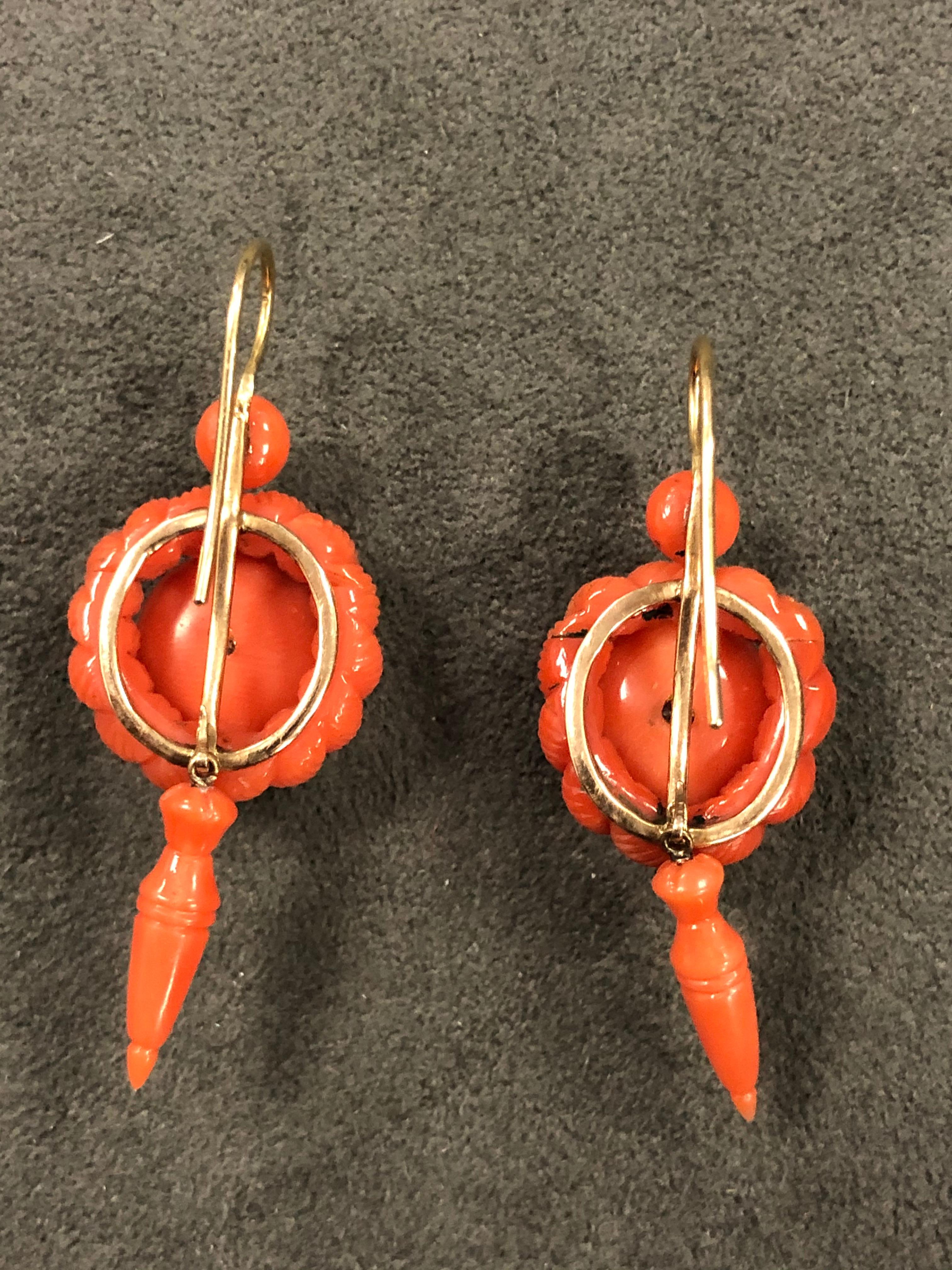 Mixed Cut Victorian Carved Coral Pendant Earrings For Sale