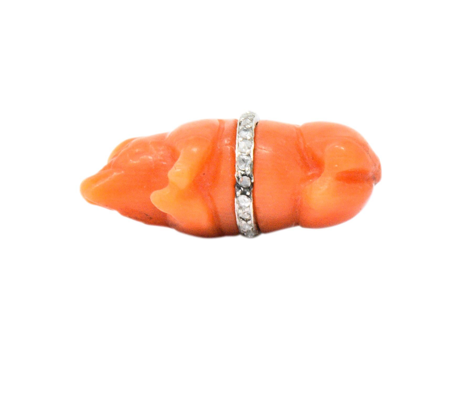 Viktorianische Koralle Diamant 18 Karat Gold Schwein Charme (Rosenschliff)