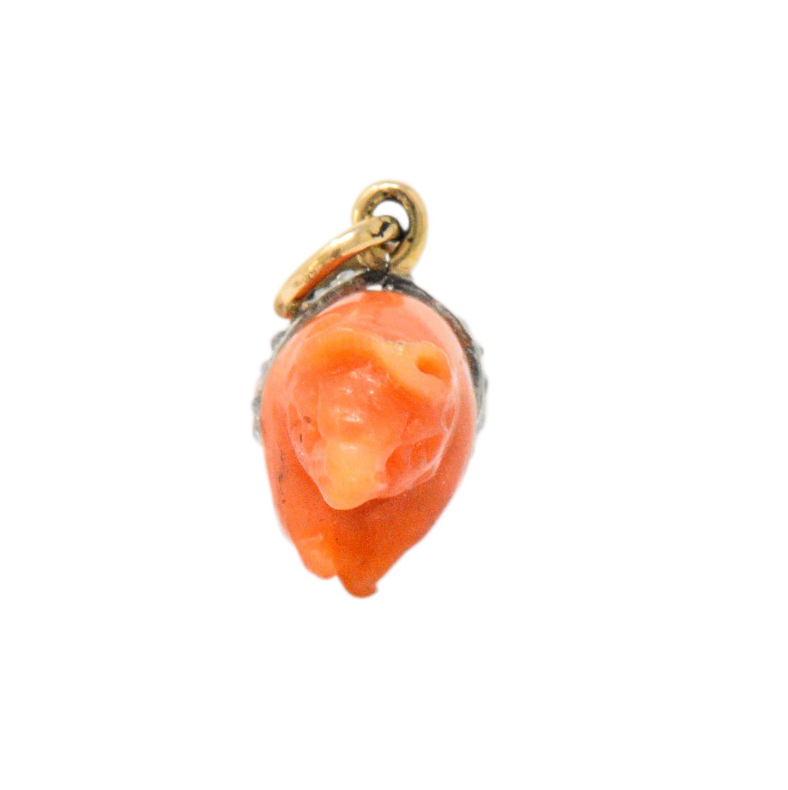 Victorian Coral Diamond 18 Karat Gold Pig Charm In Good Condition In Philadelphia, PA