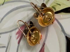 Victorian Carved Coral Roses Shepherds Hook Pierced 14 Karat Gold Drop Earrings