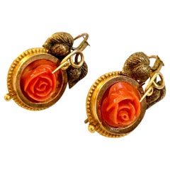 Antique Victorian Carved Coral Roses Shepherds Hook Pierced 14 Karat Gold Drop Earrings