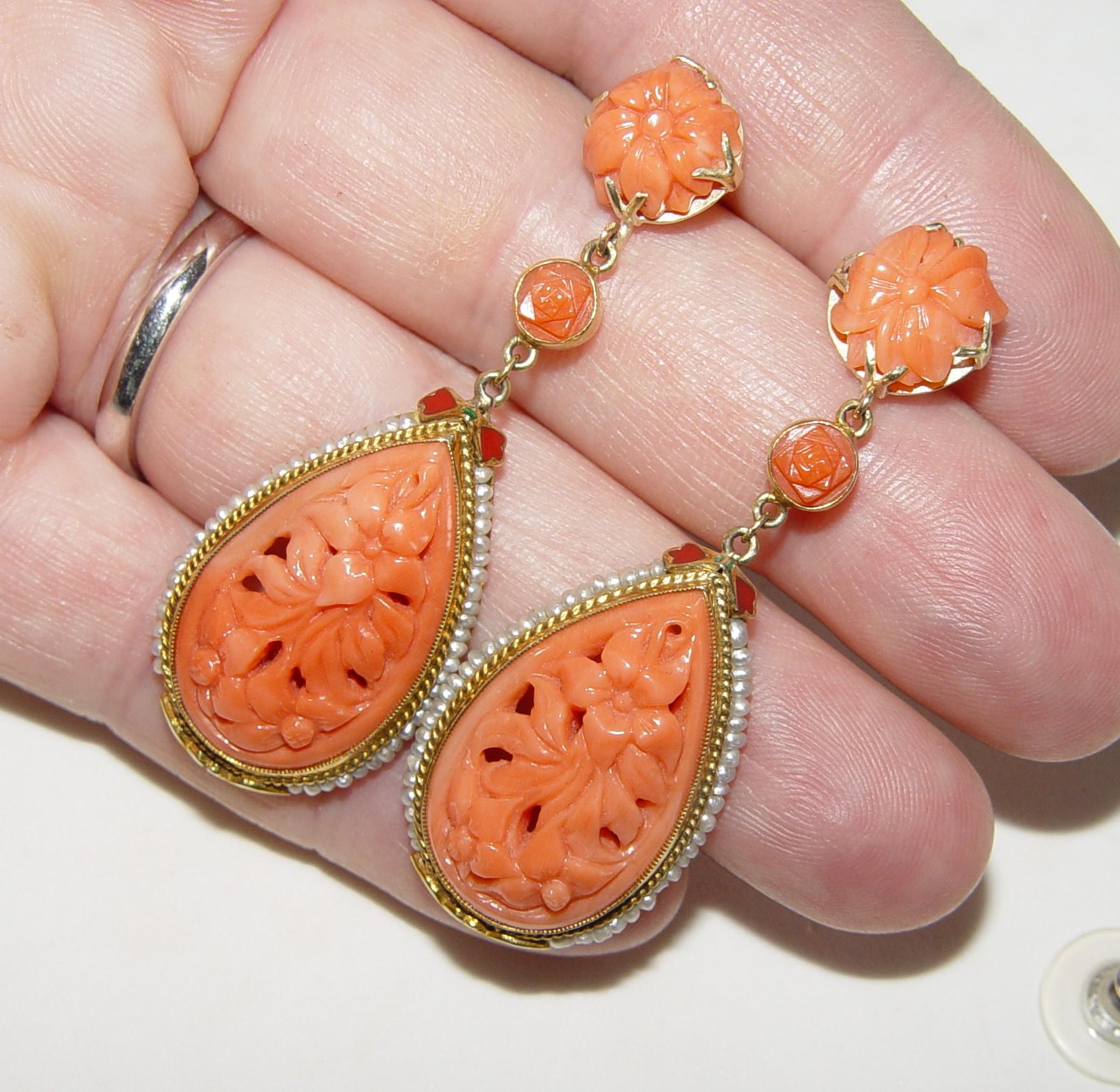 Pear Cut Victorian Carved Coral Seed pearl and Enamel Earrings 18K  For Sale
