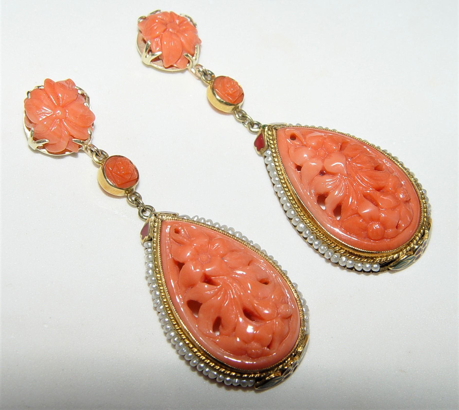 Victorian Carved Coral Seed pearl and Enamel Earrings 18K  In Good Condition For Sale In Chicago, IL