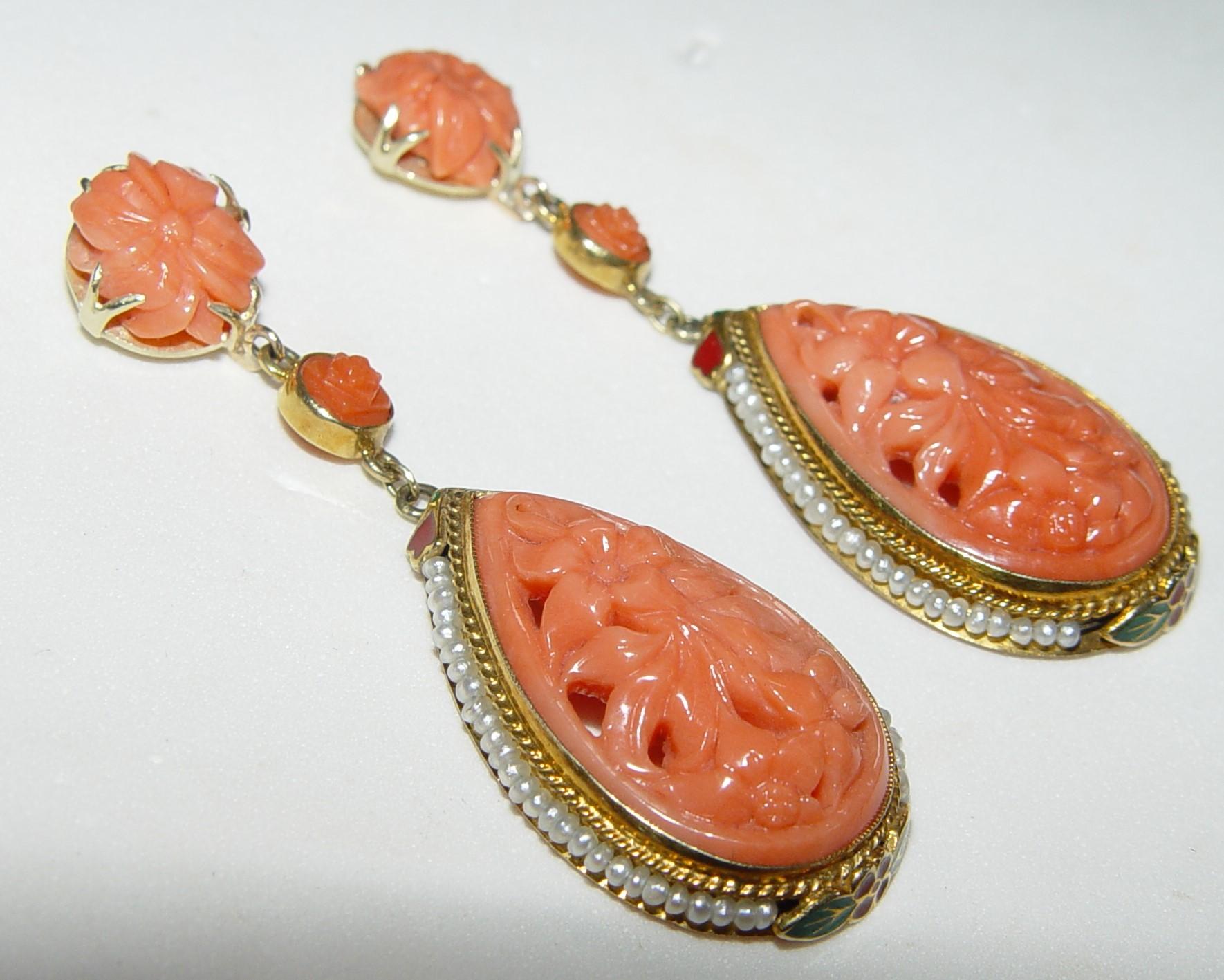 Women's Victorian Carved Coral Seed pearl and Enamel Earrings 18K  For Sale
