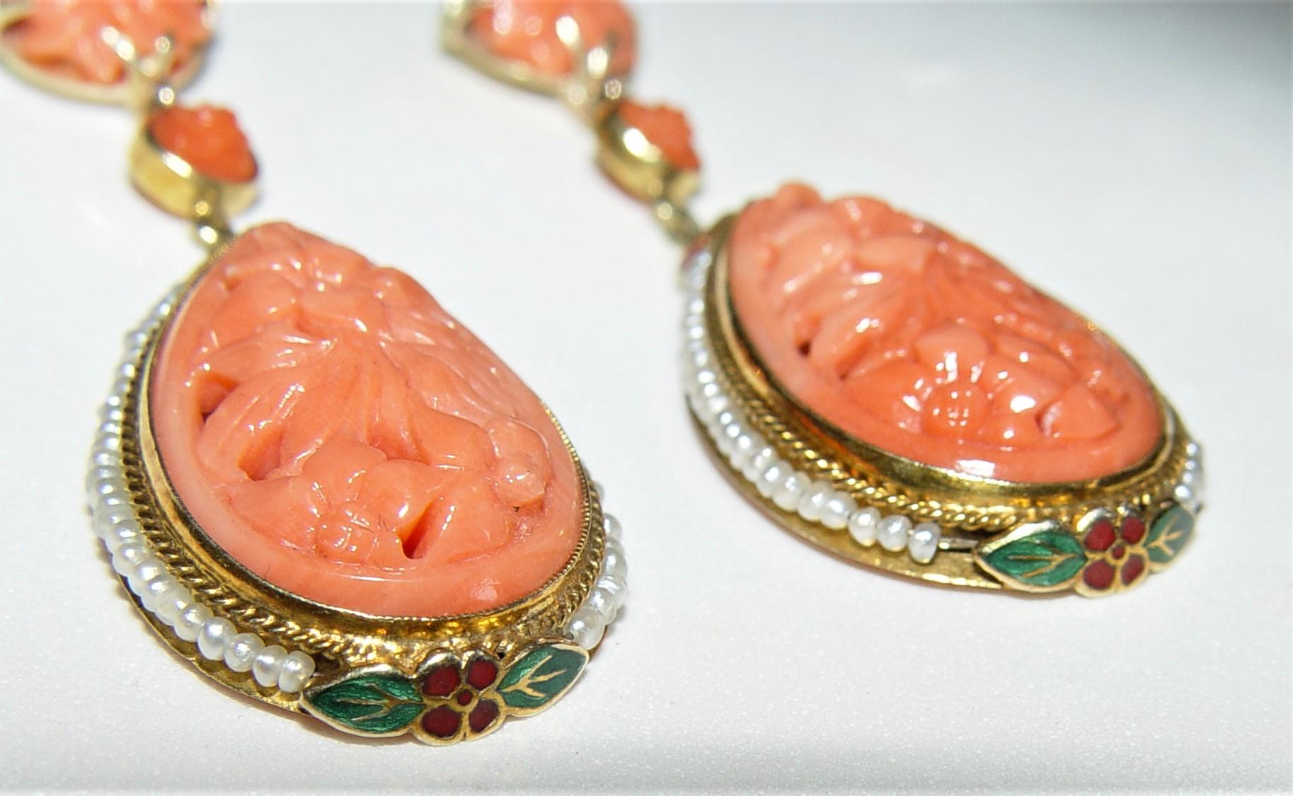Victorian Carved Coral Seed pearl and Enamel Earrings 18K  For Sale 1