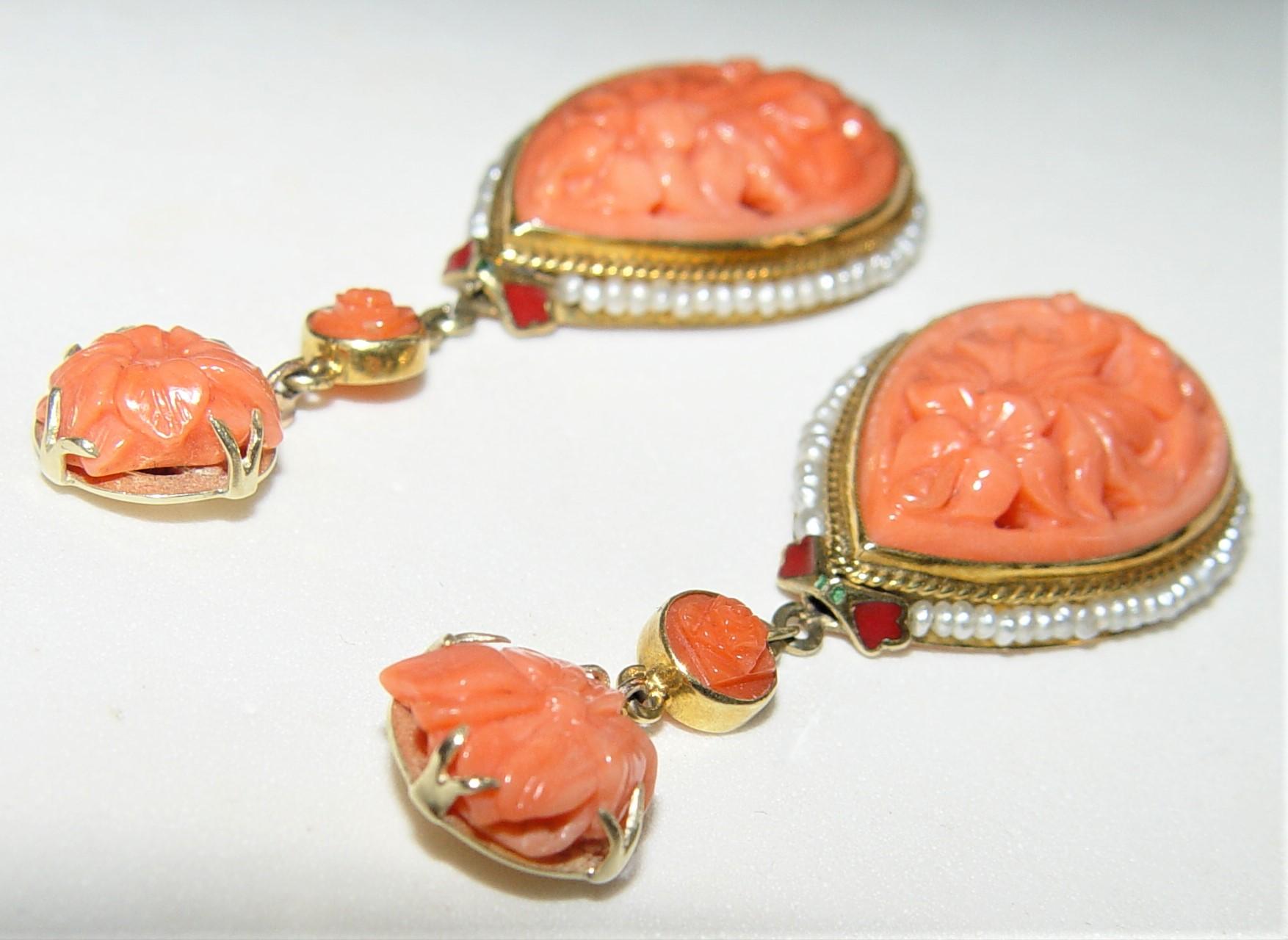 Victorian Carved Coral Seed pearl and Enamel Earrings 18K  For Sale 2