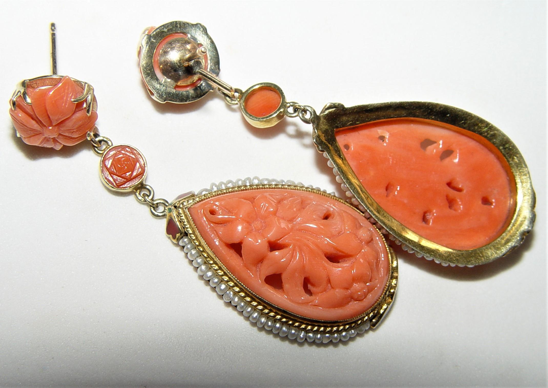 Victorian Carved Coral Seed pearl and Enamel Earrings 18K  For Sale 3