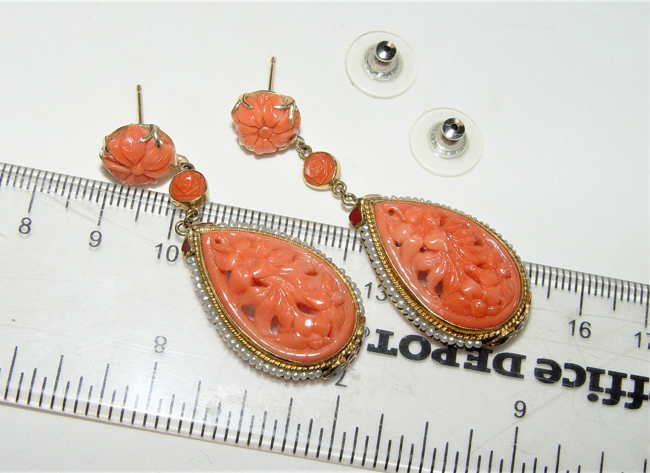 Victorian Carved Coral Seed pearl and Enamel Earrings 18K  For Sale 4