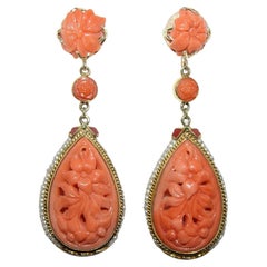 Victorian Carved Coral Seed pearl and Enamel Earrings 18K 