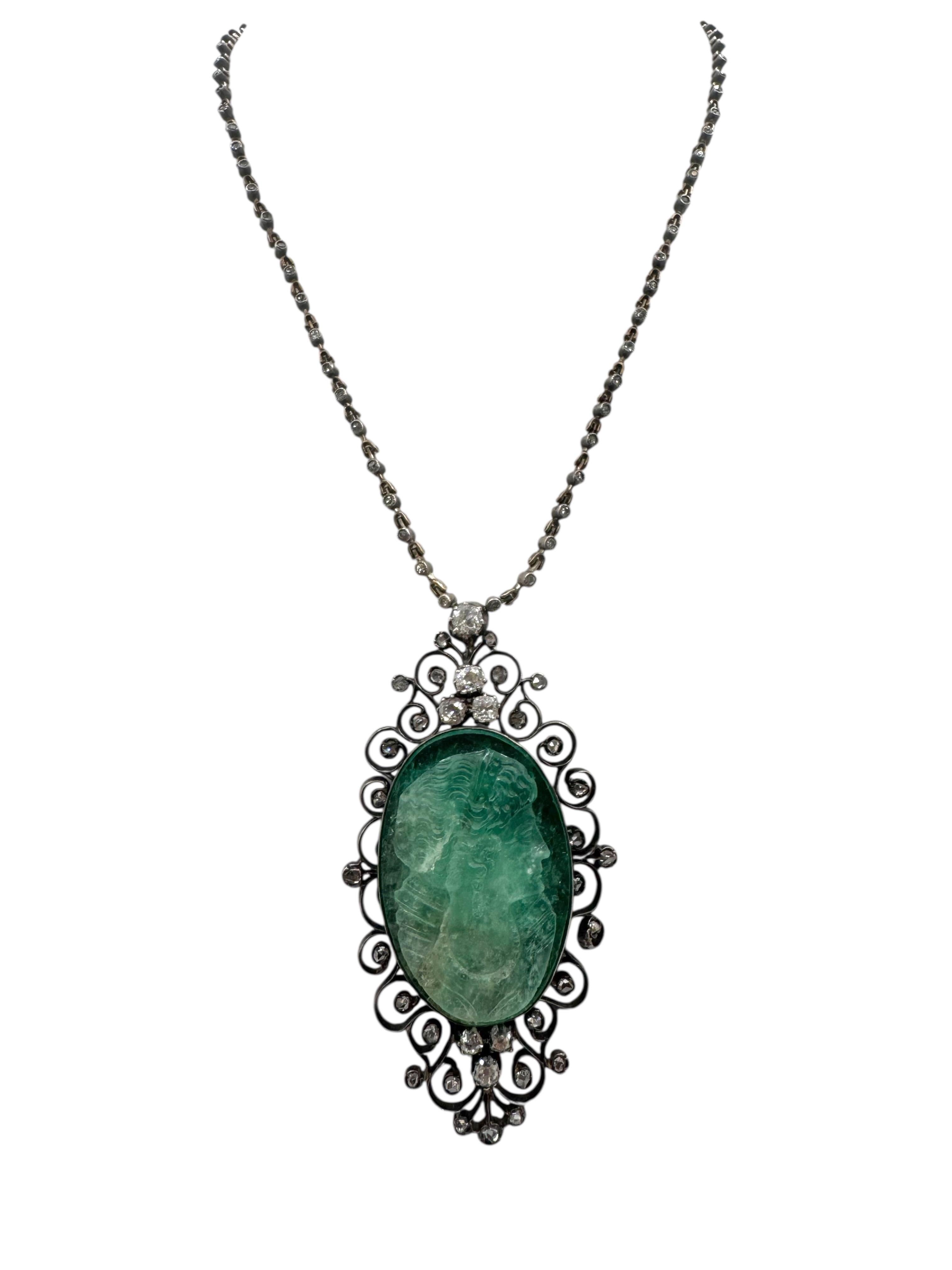 Victorian Carved Emerald Cameo and Diamond Pendant Necklace