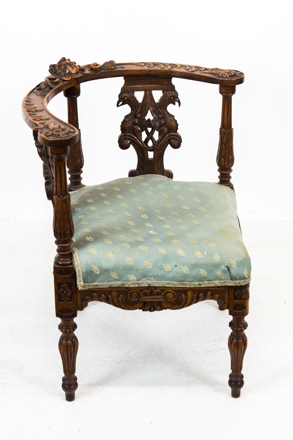 Hand-Carved Victorian Carved English Walnut Corner Chair For Sale