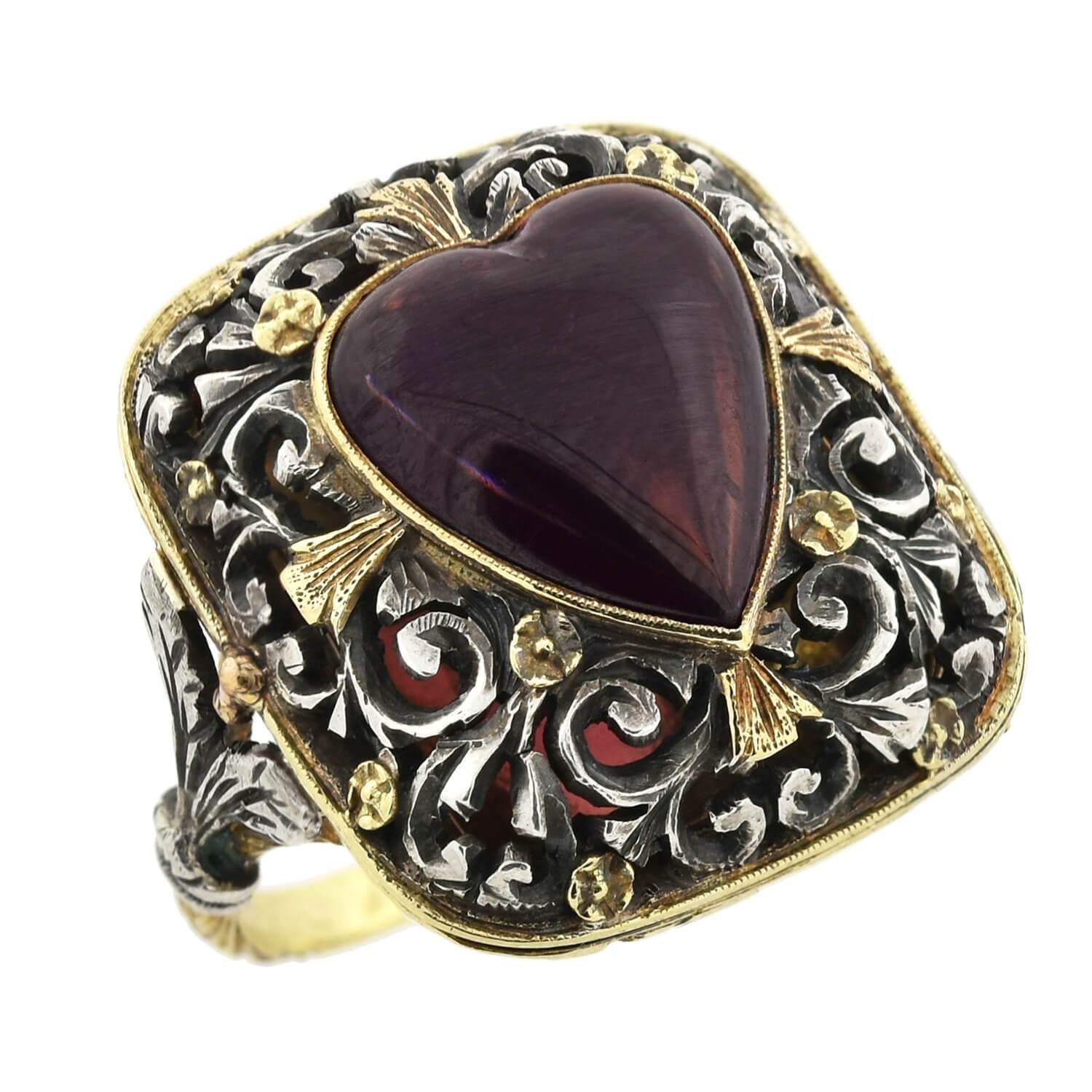 Women's Victorian Carved Garnet Heart and Floral Vinaigrette Ring