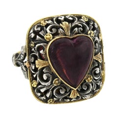 Antique Victorian Carved Garnet Heart and Floral Vinaigrette Ring