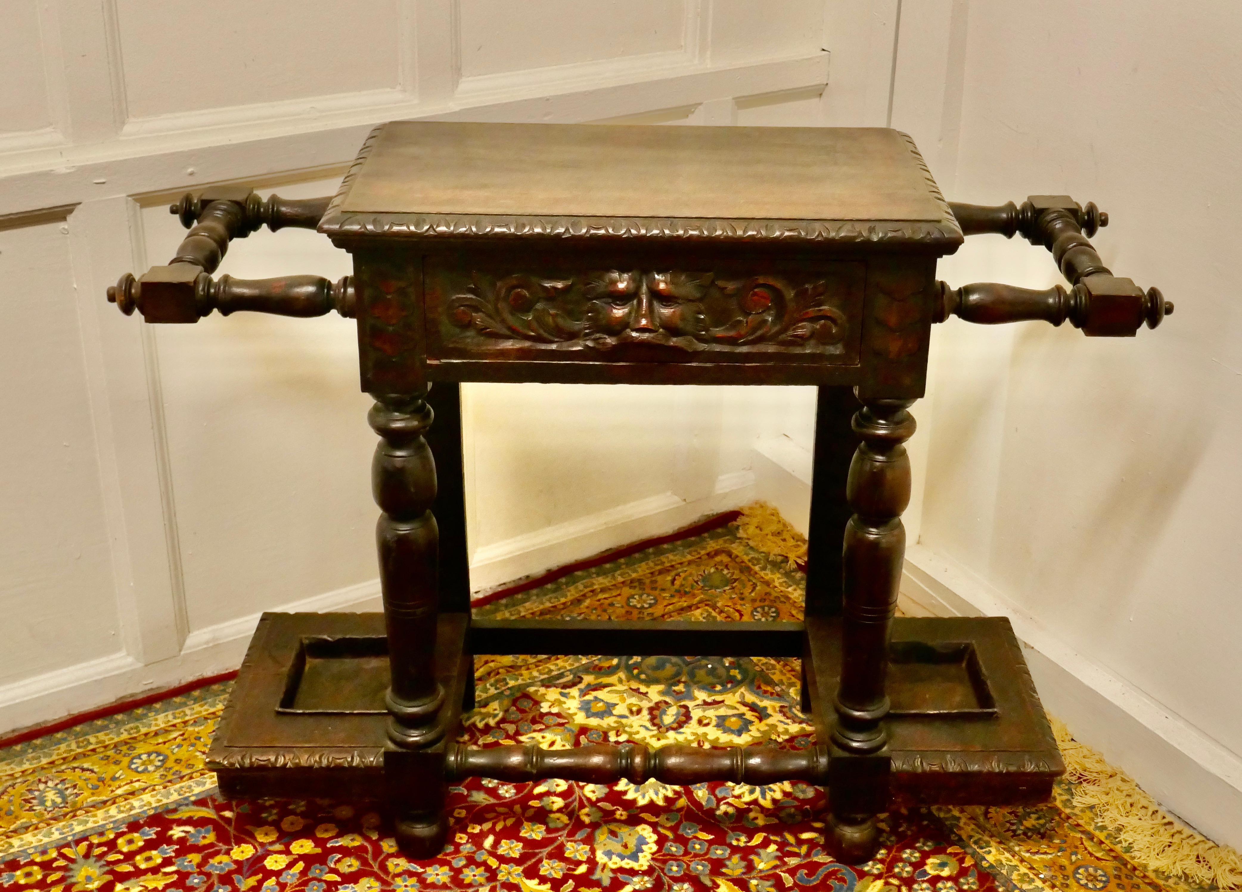 19th Century Victorian Carved Gothic Oak Hall Table, Stick Stand
