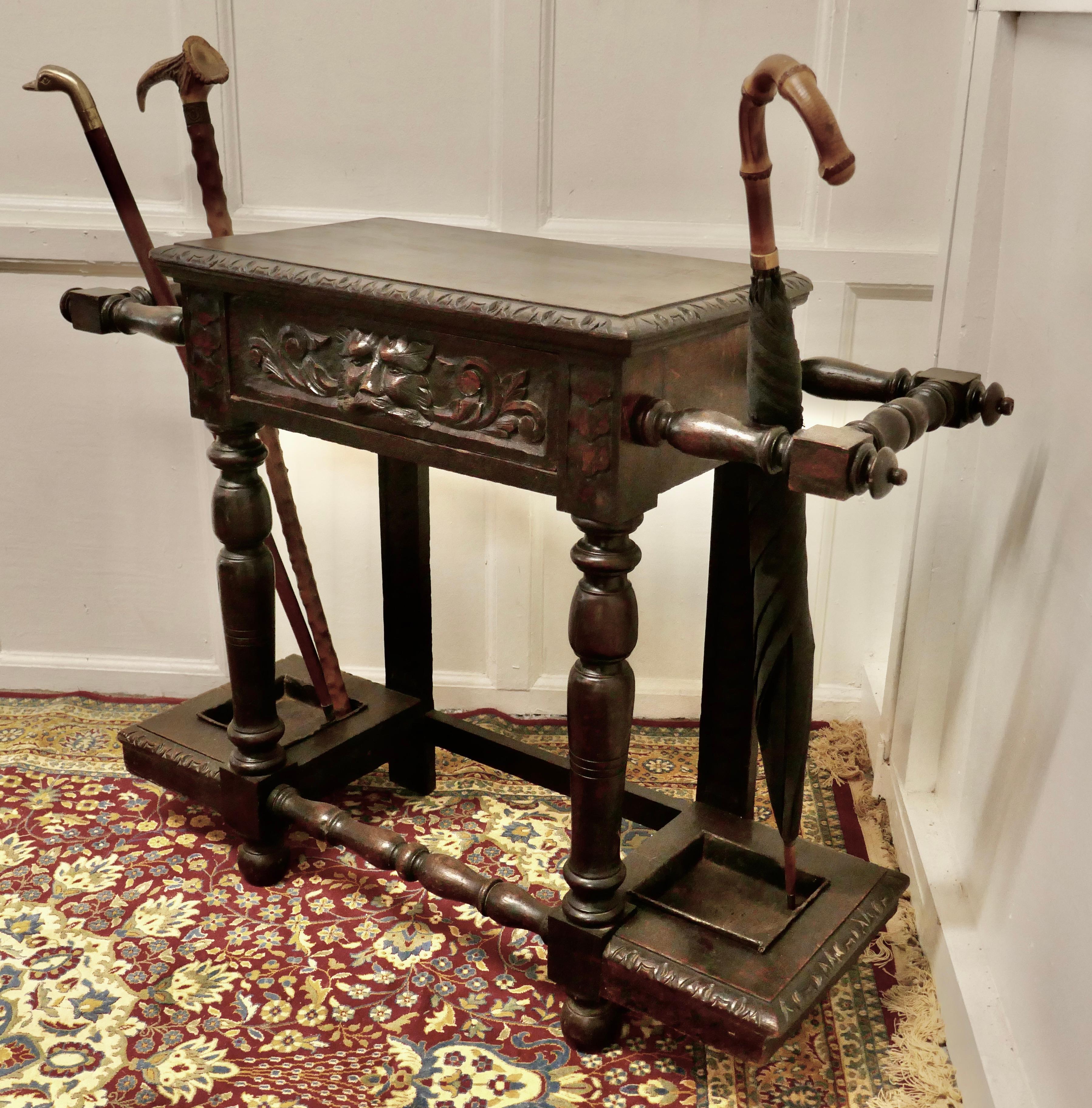 Victorian Carved Gothic Oak Hall Table, Stick Stand 4