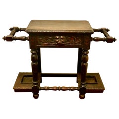 Antique Victorian Carved Gothic Oak Hall Table, Stick Stand