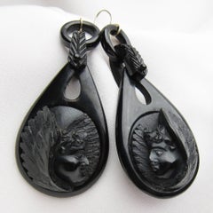 Victorian Carved Gutta-Percha Cherub Dangle Mourning Earrings