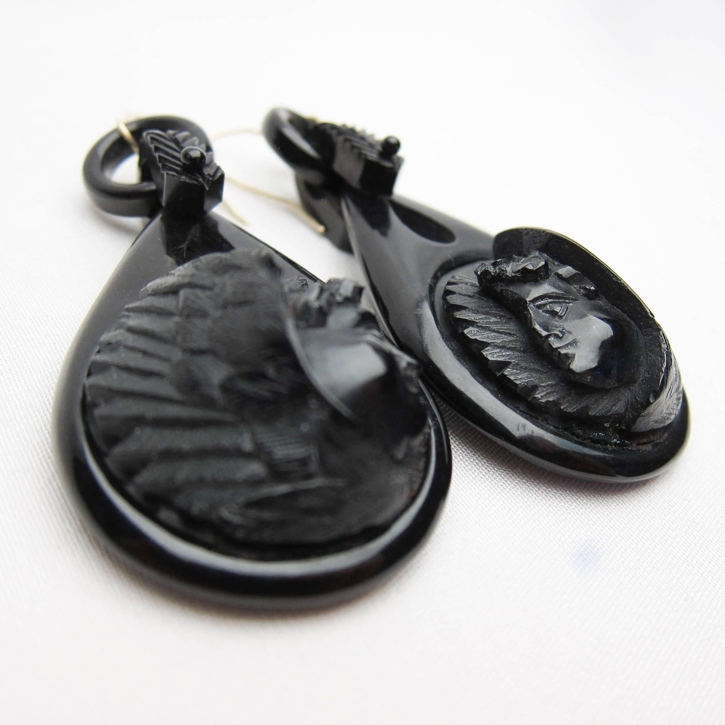 Victorian Carved Gutta-Percha Cherub Dangle Mourning Earrings In Excellent Condition For Sale In Seattle, WA