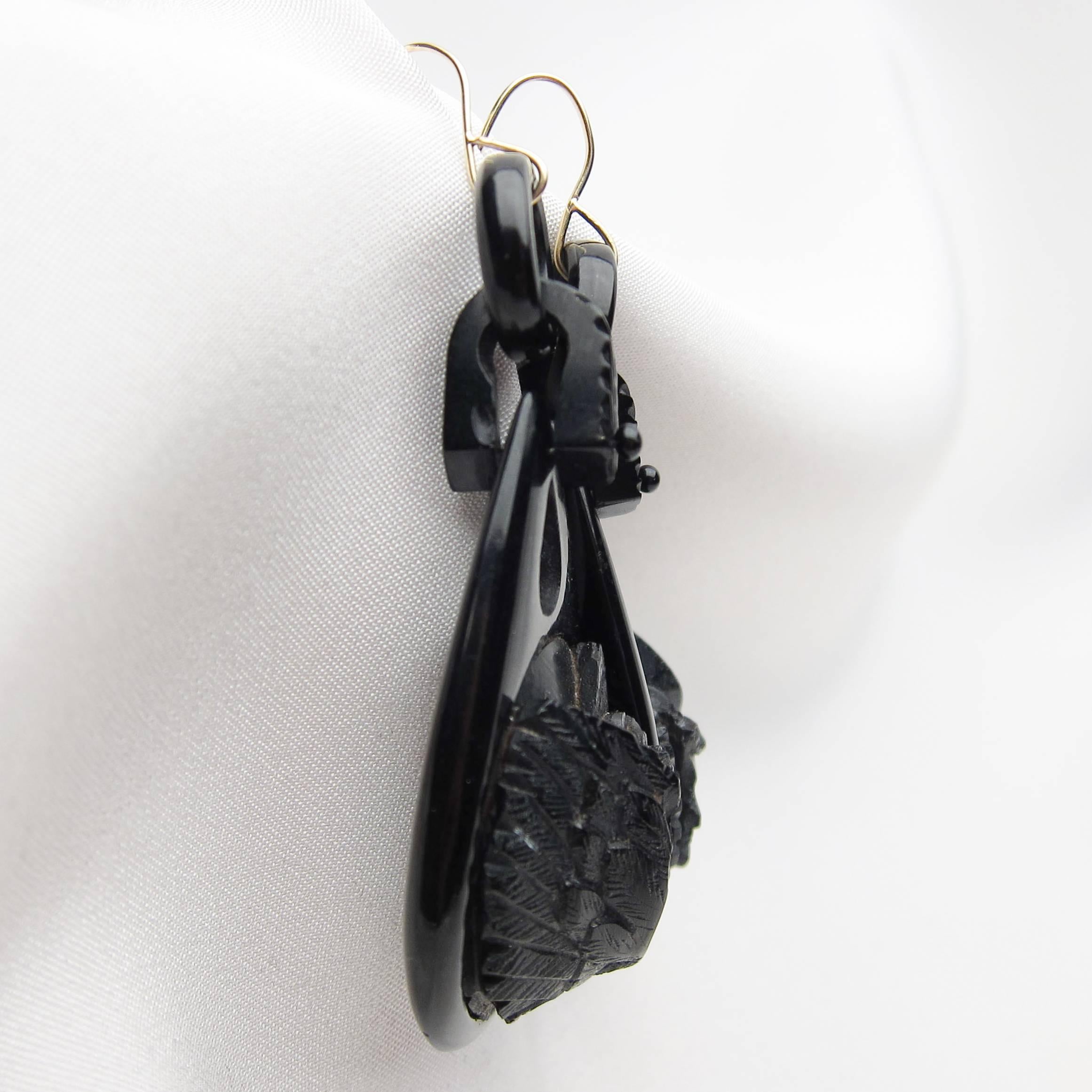 Women's Victorian Carved Gutta-Percha Cherub Dangle Mourning Earrings For Sale