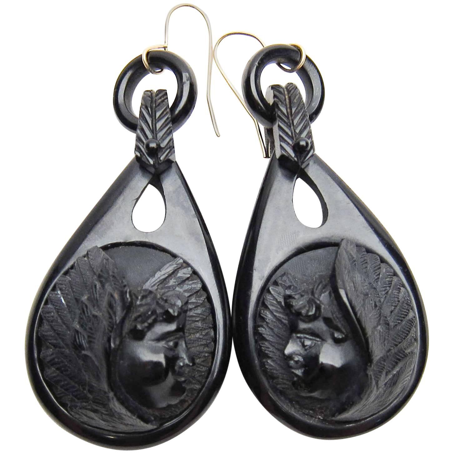 Victorian Carved Gutta-Percha Cherub Dangle Mourning Earrings For Sale