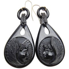 Victorian Carved Gutta-Percha Cherub Dangle Mourning Earrings