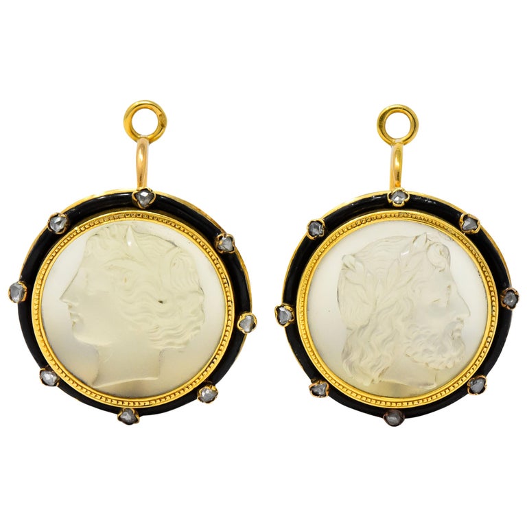 Victorian Carved Hardstone Diamond 18 Karat Gold French Cameo Earrings For Sale