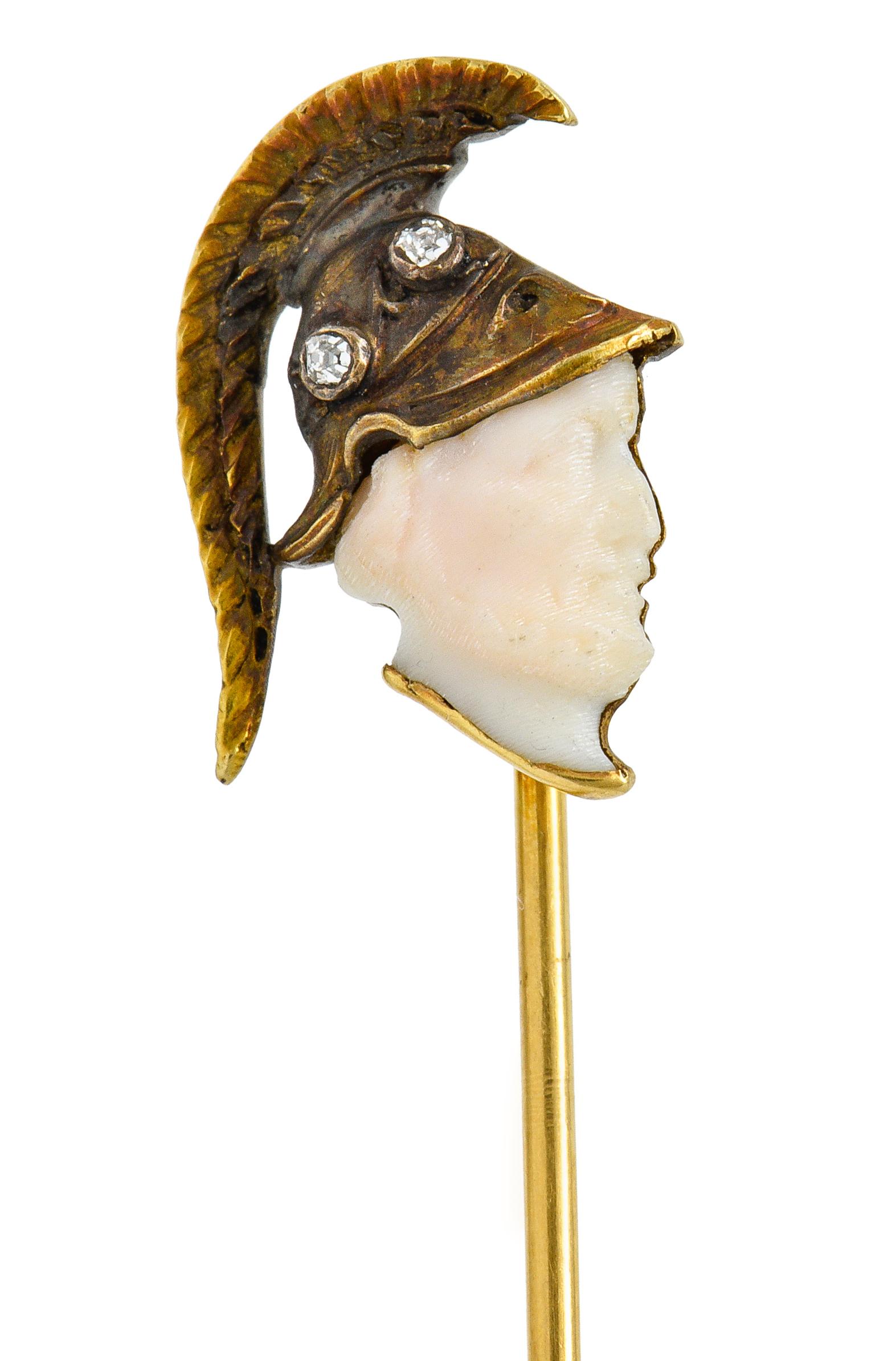Victorian Carved Hardstone Diamond 18 Karat Gold Hellenistic Warrior Stickpin For Sale 1