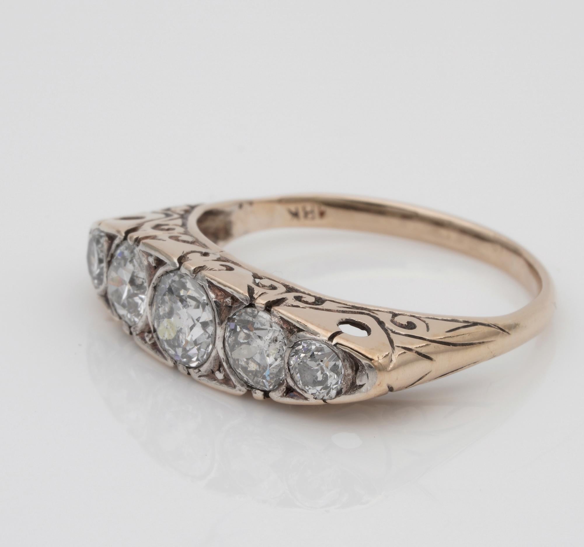 Old European Cut Carved Hoop 1.25 Carat Five-Stone Ring For Sale