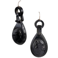 Victorian Carved Jet Cameo Profile Earrings