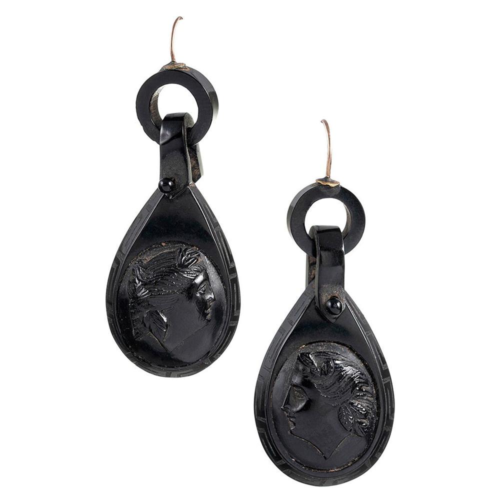 Victorian Carved Jet Cameo Profile Earrings